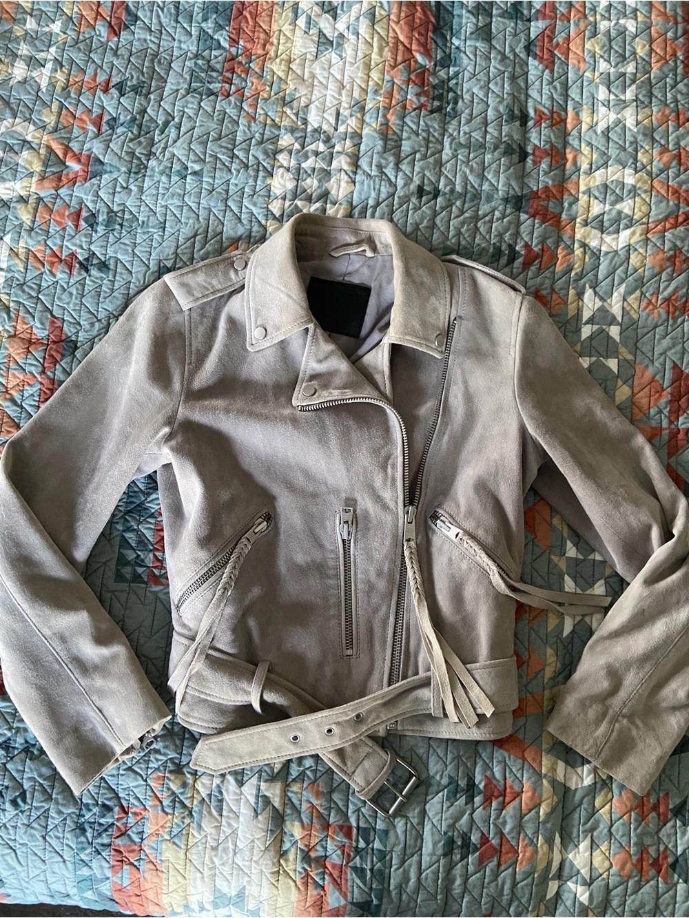 AllSaints Light Gray Suede Biker Jacket